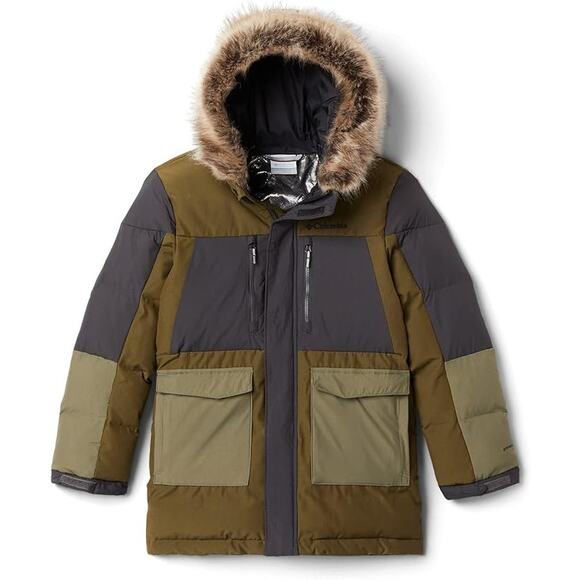 New W Defect Columbia Boy's Marquam Peak Fusion Parka,Olive/Shark/Stone Green-M